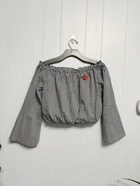 #17)  Forever 21 Black & White Gingham Off-Shoulder Top with Red Rose
